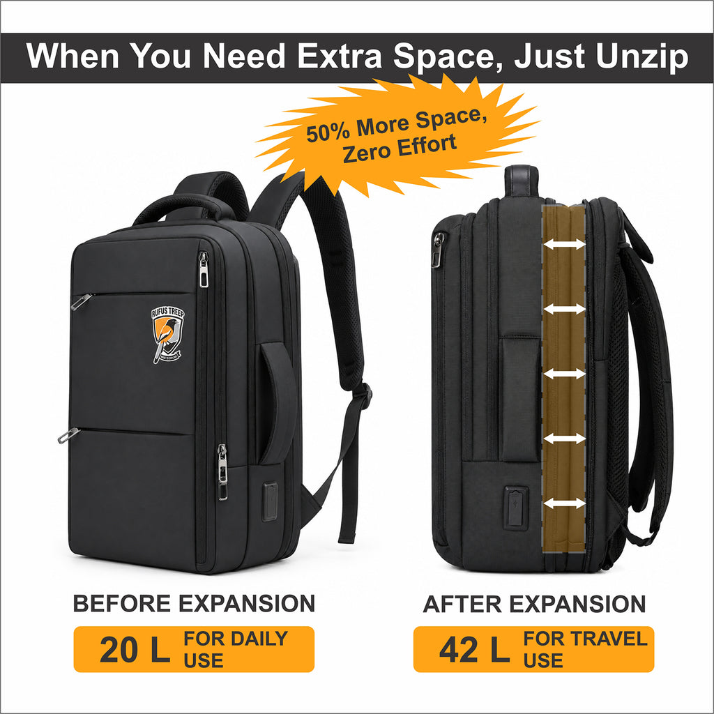 Backpack 42L Office Travel Laptop Backpack 3 in 1 Expandable & Convertible USB & Type-C Port With Bag Tracker