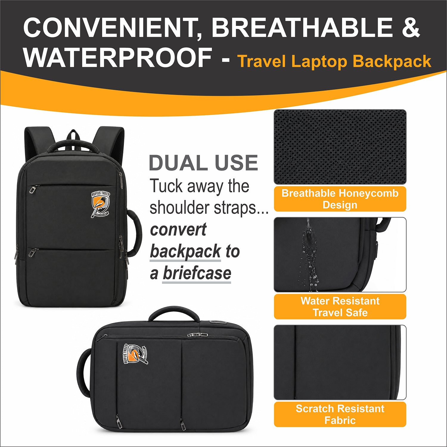 Backpack 42L Office Travel Laptop Backpack 3 in 1 Expandable & Convertible USB & Type-C Port With Bag Tracker
