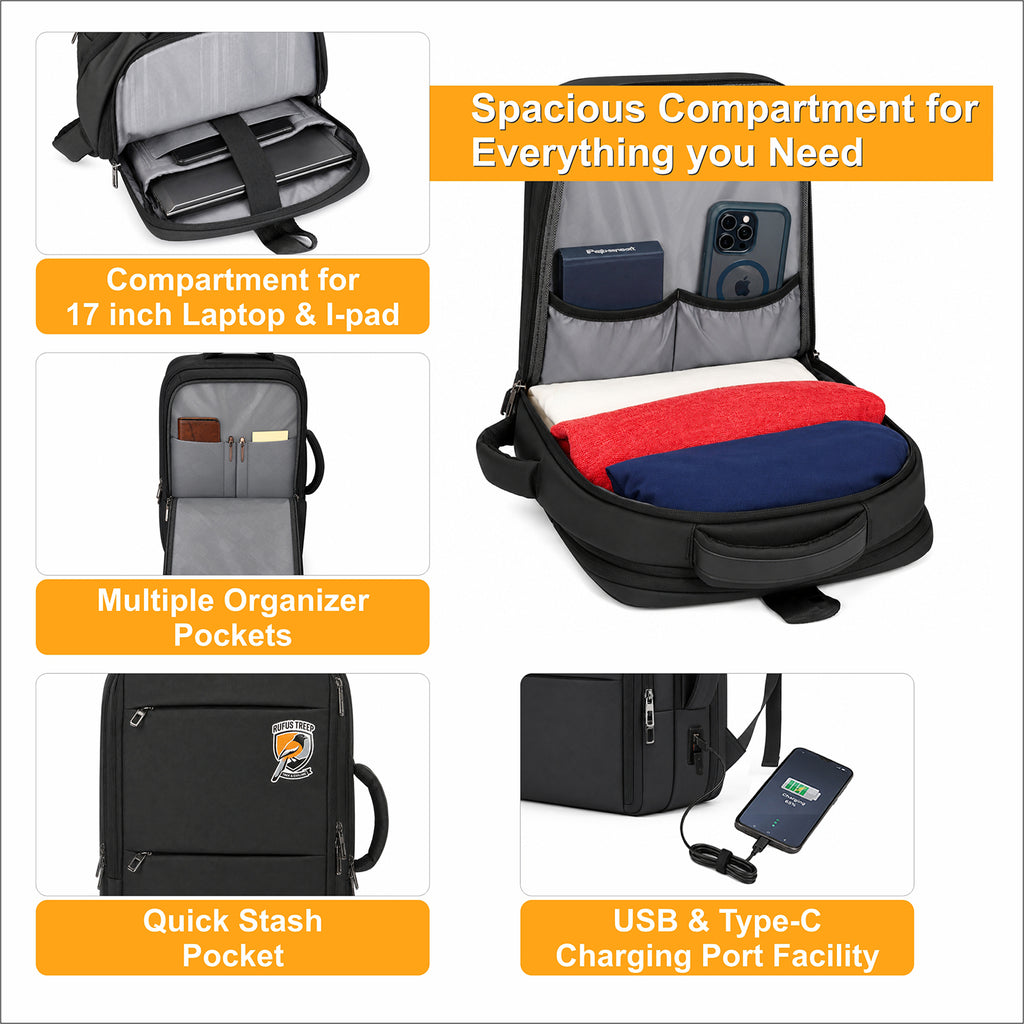 Backpack 42L Office Travel Laptop Backpack 3 in 1 Expandable & Convertible USB & Type-C Port With Bag Tracker
