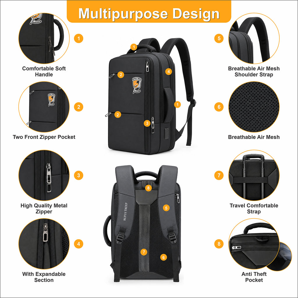 Backpack 42L Office Travel Laptop Backpack 3 in 1 Expandable & Convertible USB & Type-C Port With Bag Tracker
