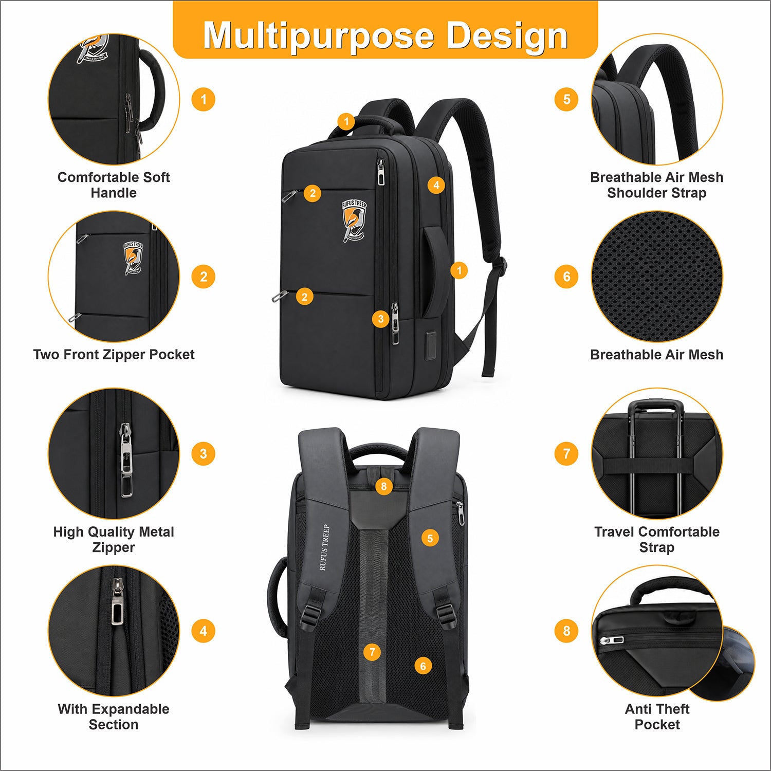 Backpack 42L Office Travel Laptop Backpack 3 in 1 Expandable & Convertible USB & Type-C Port With Bag Tracker