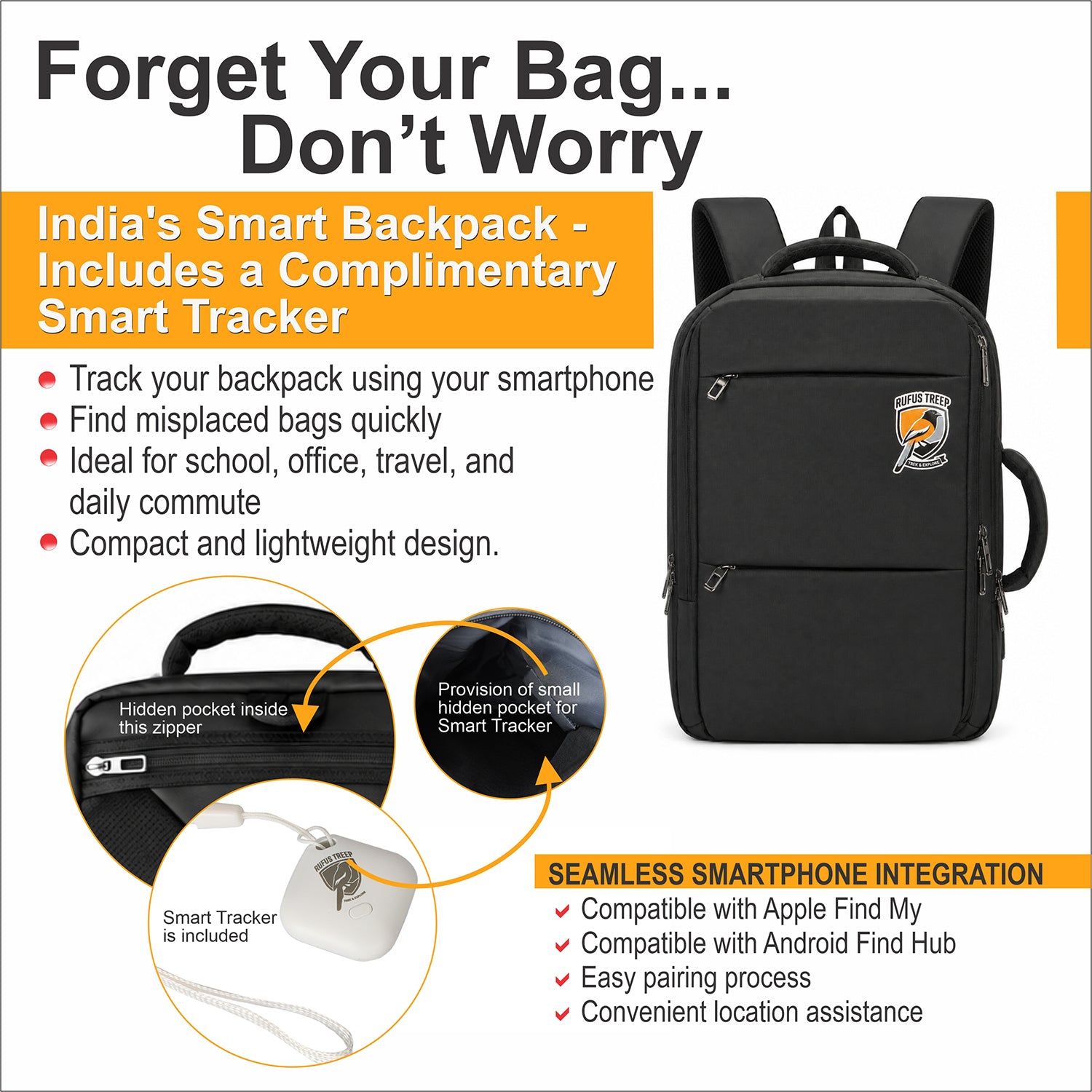 Backpack 42L Office Travel Laptop Backpack 3 in 1 Expandable & Convertible USB & Type-C Port With Bag Tracker
